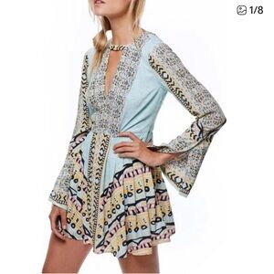 Free People Women's Blue Tegan Border Printed Mini Dress size 8
